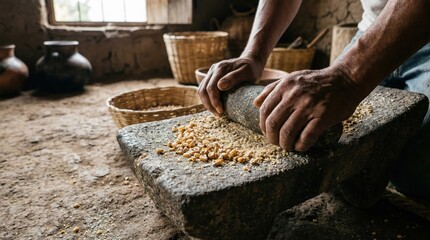 Traditional Grinding of Corn Kernels on Stone Metate for Ancient Food Preparation