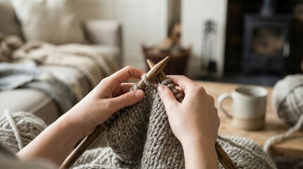 Obraz premium Cozy Knitting Scene with Chunky Grey Wool Yarn and Large Wooden Needles in Scandinavian Setting
