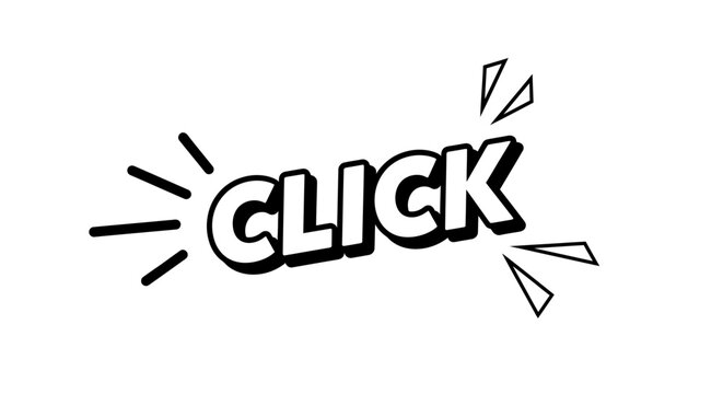 Playful and dynamic 'CLICK' word bubble graphic with radiating lines, ideal for illustrating interaction, sound effects, or call-to-action buttons in a comic book pop art style