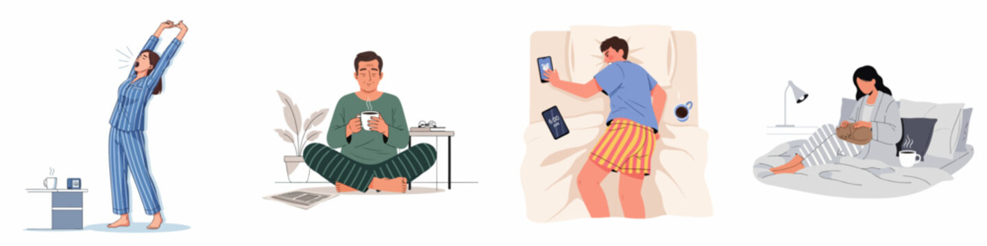 Everyday morning scenes: people waking up, stretching, enjoying hot drinks, relaxing in pajamas, and dealing with smartphone alarms.