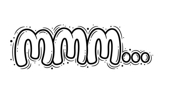Abstract doodle lettering of 'mmm...' with a playful, handwritten style and subtle dot embellishments, evoking a sense of deliciousness or contemplation