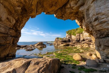 Fototapeta premium Large Eroded Coastal Cliff Stone Arch Forming Over Calm Water Scene