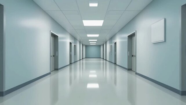 Empty hospital corridor with bright lighting and clean walls, creating a sterile, modern, and quiet medical interior atmosphere.