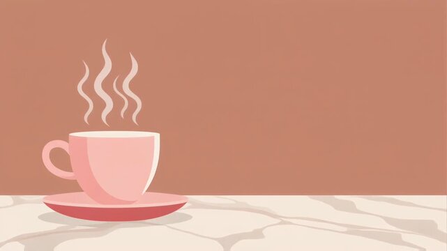 Minimal illustration of a steaming cup on a soft brown background, giving a warm, cozy, and relaxing beverage mood.