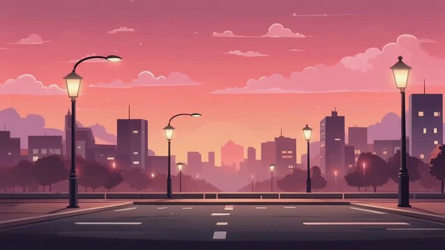 Stylized city skyline at sunset with warm pink and orange tones, creating a peaceful urban evening atmosphere in soft illustration style.