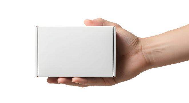 Hand holding a blank white rectangular box, suitable for product packaging or delivery, isolated on a black background.