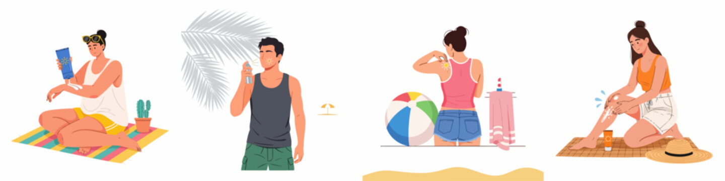 Collection of flat vector illustrations demonstrating various individuals applying sunscreen and sunblock for skin protection during summer holidays and outdoor activities.