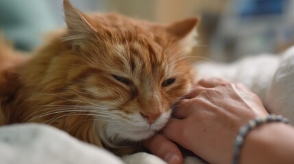 Obraz premium A therapy cat rests beside a patient hand on a hospital bed, providing warmth and comfort during recovery.