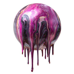 Sphere coated in dripping vibrant pink and black paint against a black background