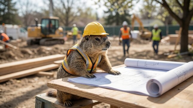 groundhog construction manager wearing safety vest and hard hat reviewing blueprints at active building site