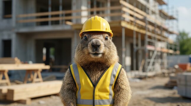 marmot wearing a yellow safety helmet and reflective vest standing upright and looking at the camera at an active construction site with unfinished building and scaffolding in background
