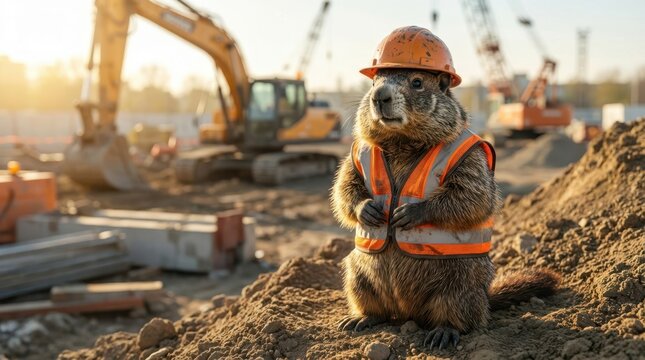 marmot wearing an orange safety helmet and orange reflective vest standing upright on a dirt mound at an active construction site with excavators cranes and building materials in background
