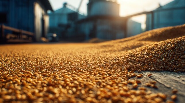 Wheat grains being dried under the sun in traditional drying on blurred background