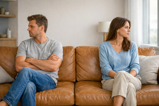 photo of a couple sitting apart on a leather couch with arms crossed, avoiding eye contact after a disagreement. Clean interior design and neutral tones emphasize emotional standoff, stubbornness