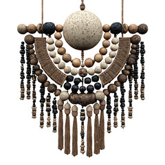 Ornate beaded necklace with fringe, featuring earthy tones and textured elements