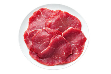 Thin slices of raw beef arranged on a white plate, top-down view