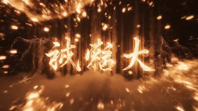 Dynamic Fire Calligraphy Chinese Characters Ignited in a Dark Setting.