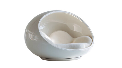 Sleek, white, spherical pod chair with plush, form-fitting white cushion inside