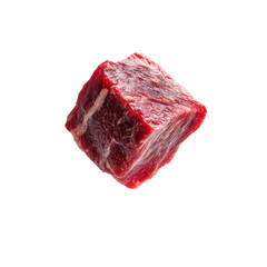 Raw meat cube, red, marbled with fat, isolated on black backdrop