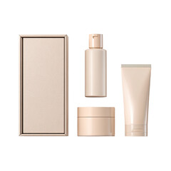 Mockup featuring four beige cosmetic containers with a black background