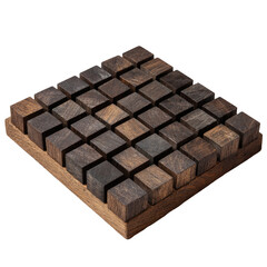 Arranged dark wooden cubes, textured surface, with base, on black background