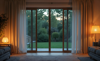 Obraz premium Cozy living room with sliding glass doors and warm lamps at dusk, garden view