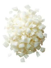Chopped pile of raw white onion pieces on black background, top-down view