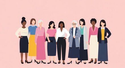 Obraz premium Illustration of women standing side by side showing unity, diversity and equal representation of females in modern world vector design