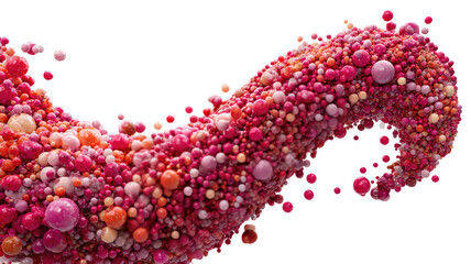 Swirling, granular, three-dimensional wave of pink, red, and orange spheres