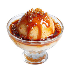 Creamy dessert in glass dish drizzled with caramel and sprinkled with crystals