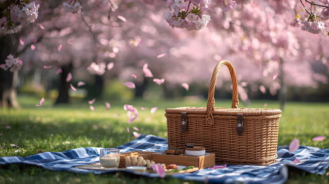 Wicker picnic basket and food on a blue checkered blanket under blooming cherry blossom trees