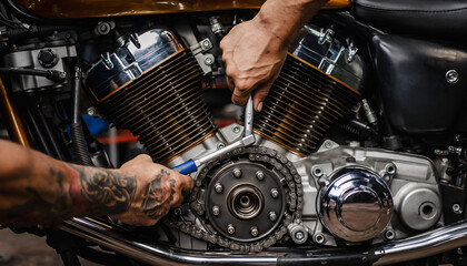 Obraz premium Mechanic working on a motorcycle engine with tools.