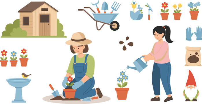 Gardening Activities Illustration Set with Tools, Plants and Backyard Scene