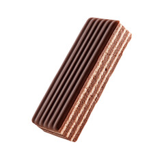 Rectangular chocolate bar with ribbed top and layered wafer side, isolated
