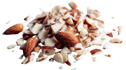 Pile of whole & sliced almonds. Rich, brown nuts and white pieces on dark background
