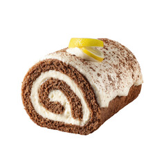 Chocolate cake roll filled with cream, dusted, topped with lemon slices