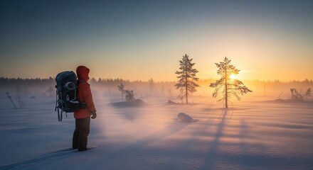 Fototapeta premium Winter Solitude Backpacker Embraces Emotional Sunrise Landscape Photography & Peaceful Nature Moments