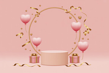 Elegant pink celebration stage featuring heart balloons and gold accents for product display.
