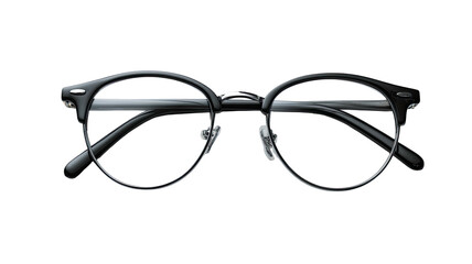 Round black glasses with a semi-rimless frame on a stark black background
