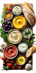 Assortment of dips on a wooden board with bread, veggies, and herbs
