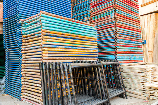 Africa, Egypt, Cairo, Sebteyya District. Iron and Woodwork salvage area with repurposed parts of buildings and scaffolding materials for sale.