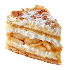 Layered dessert slice with apples, cream, and sugared top on black