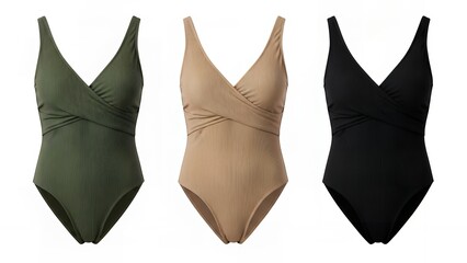 Ribbed V-Neck Wrap-Style One-Piece Swimsuits in Olive Green, Beige, and Black Isolated on White
