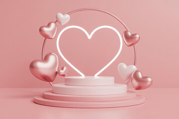 Elegant pink podium display featuring metallic hearts and a central glowing neon heart outline.