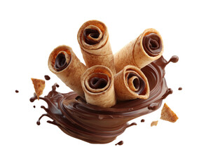 Rolled wafers filled with chocolate cream amid a splash of melted chocolate