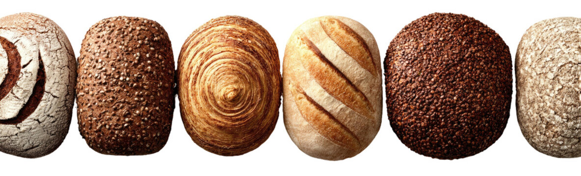 Six loaves of assorted artisan bread lined up against a dark background