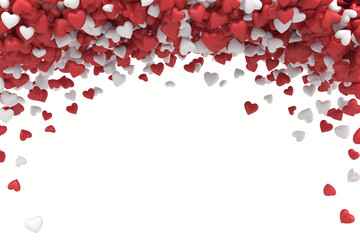 Falling red heart confetti border on white background. Romantic love celebration frame.