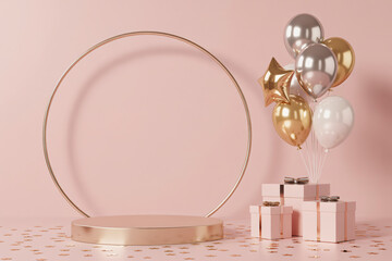 Elegant romantic podium scene with balloons and circle frame. Soft pastel love background.