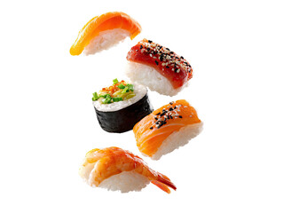 Floating sushi nigiri (salmon, tuna, shrimp), nori roll, isolated on black