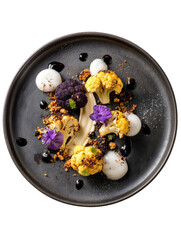 Cauliflower dish on dark plate, diverse textures and colors, floral garnish